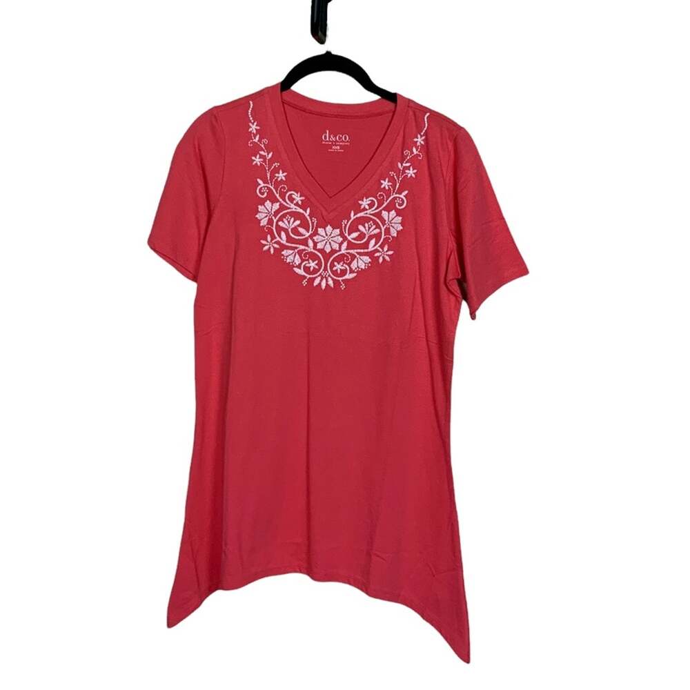 Denim + Company Short Sleeve Sharkbite Tunic Cotton Knit Shirt Coral Size XXS